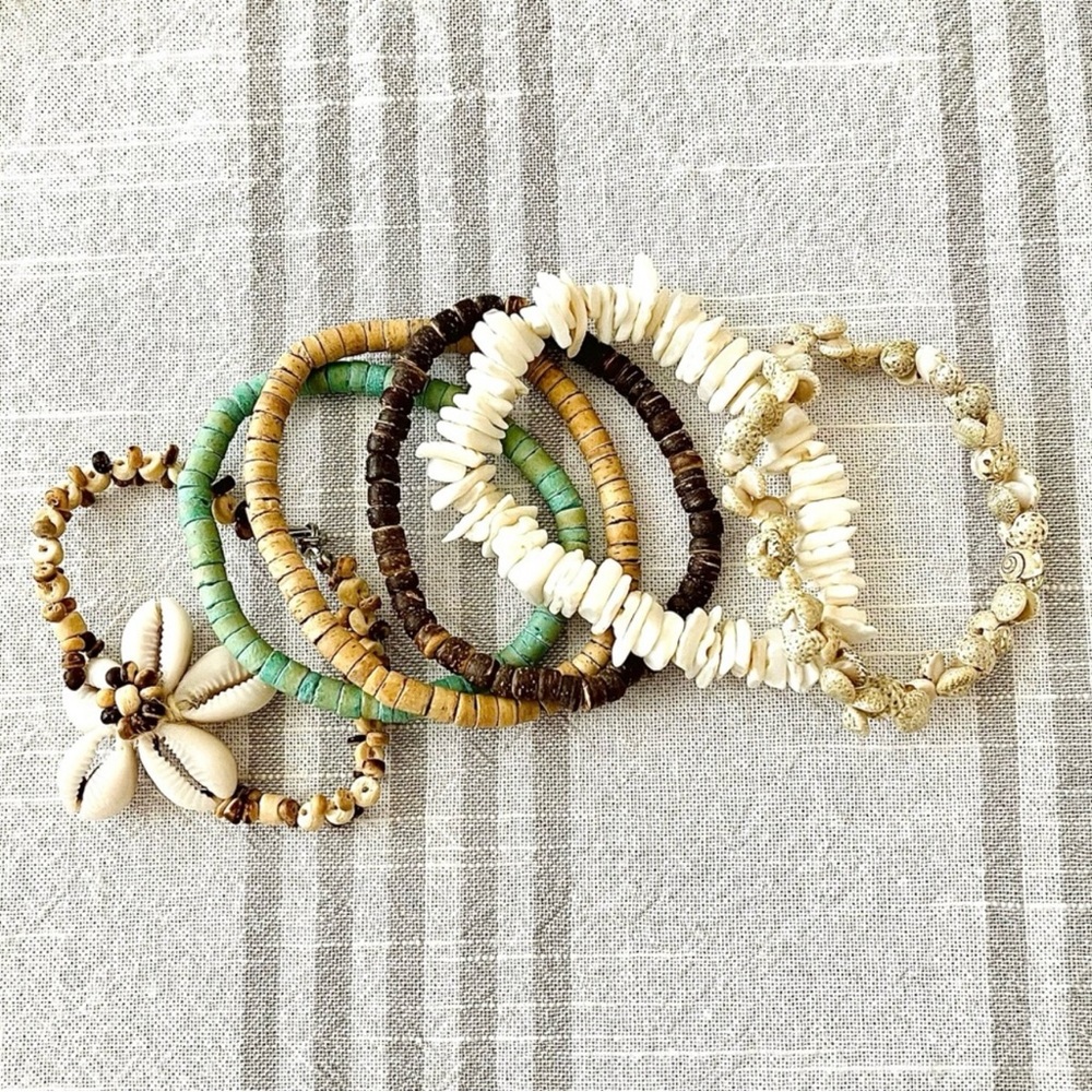 Beach surfer boho stretch shell stackable bracelets.